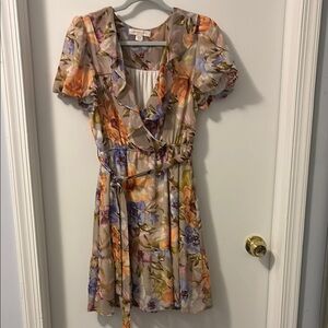 Orange Brown Ruffled Wrap Mini Dress